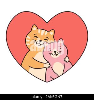 Cat matura in amore abbraccio. Biglietti di auguri per il giorno di San Valentino, compleanno, festa della mamma. Fumetto personaggio animale illustrazione vettoriale isolato su bianco backg Illustrazione Vettoriale