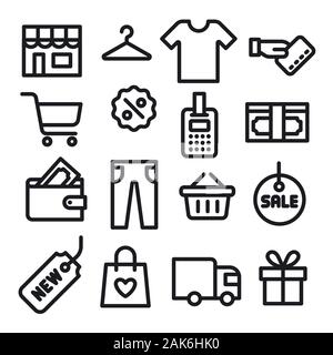 Illustrazione del set shopping e vendita icone contorno Illustrazione Vettoriale
