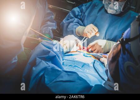 Chiudere il gruppo di chirurghi in chirurgia sala operatoria. Il team medico di chirurghi facendo chirurgia nel funzionamento dell'ospedale. Foto Stock