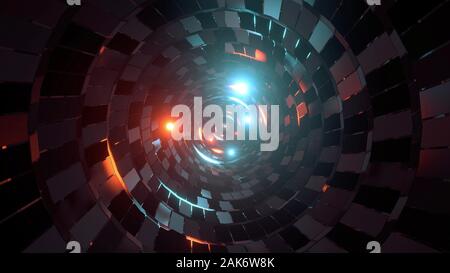 Abstract tunnel rotondo con mattoni di pattern e texture incandescente sfere 3d immagine sfondo, Foto Stock