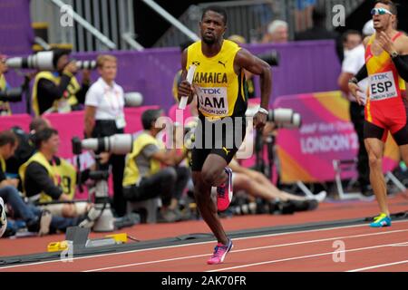 Jamari Rose (Jamaique) durante il primo riscalda 4x400m uomini relè della IAAF mondiale di atletica il 6 agosto, 201st presso lo stadio olimpico di Londra, Gran Bretagna Photo Laurent Lairys / DPPI Foto Stock