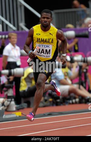Jamari Rose (Jamaique) durante il primo riscalda 4x400m uomini relè della IAAF mondiale di atletica il 6 agosto, 201st presso lo stadio olimpico di Londra, Gran Bretagna Photo Laurent Lairys / DPPI Foto Stock