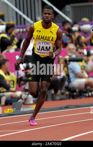 Jamari Rose (Jamaique) durante il primo riscalda 4x400m uomini relè della IAAF mondiale di atletica il 6 agosto, 201st presso lo stadio olimpico di Londra, Gran Bretagna Photo Laurent Lairys / DPPI Foto Stock