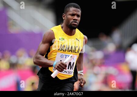 Jamari Rose (Jamaique) durante il primo riscalda 4x400m uomini relè della IAAF mondiale di atletica il 6 agosto, 201st presso lo stadio olimpico di Londra, Gran Bretagna Photo Laurent Lairys / DPPI Foto Stock