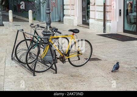 coppia di biciclette, nere e gialle incatenate al lampione e al piccione. Pescara, Abruzzo, Italia, Europa Foto Stock