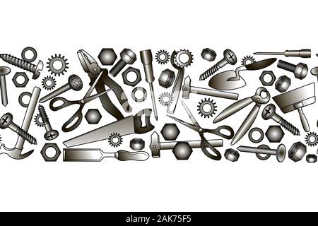 Strumenti di costruzione icone vettoriali frontiera senza giunture. Attrezzature a mano sullo sfondo. Illustrazione Vettoriale