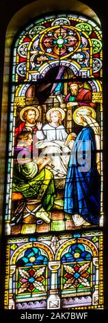 Gesù Cristo insegnamento Tempio Giuseppe Maria Vergine Vetrata Santa Maria della cattolica Chiesa di San Antonio Texas. Costruito nel 1857 Foto Stock