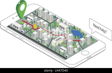 3D isometrica mobile navigazione GPS concetto, Smartphone con mappa della città di applicazione e pin contrassegno puntatore Illustrazione Vettoriale