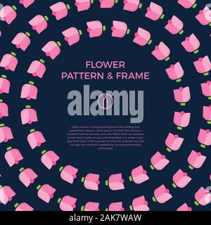 Ghirlanda floreale con tulipani e fiori viola. Perfetta per la primavera e l'estate biglietti di auguri, vacanze stagionali, matrimonio inviti. Illustrazione Vettoriale