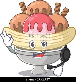 Smiley banana split cartoon character design di indossare le cuffie Illustrazione Vettoriale