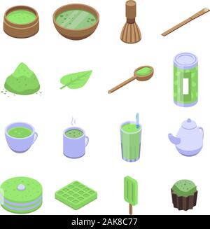Matcha tè set di icone, stile isometrico Illustrazione Vettoriale