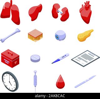 Donare organi set di icone, stile isometrico Illustrazione Vettoriale