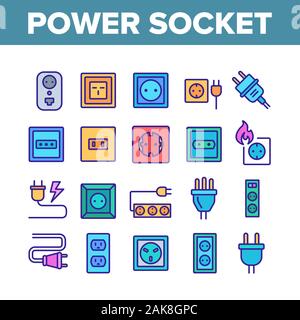 Presa di alimentazione elettrica raccolta di set di icone vettore Illustrazione Vettoriale
