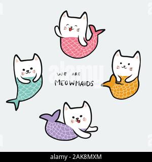 Siamo Meowmaids cartoon doodle imposta illustrazione vettoriale Illustrazione Vettoriale