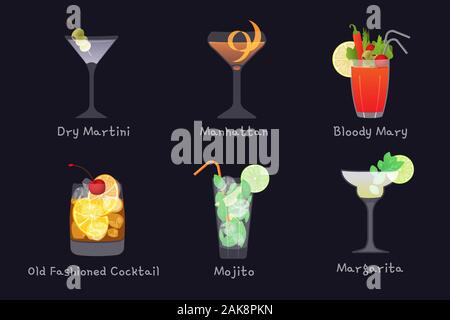 Set di alcool del vettore i drink al bar - mojito, manhattan cocktail Bloody Mary, vecchio stile e cocktail Margarita con Martini Dry, isolato su nero Illustrazione Vettoriale