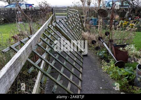 Teesdale, County Durham, Regno Unito. 8 gennaio 2020. Regno Unito Meteo. Danni a un giardino dopo gale force winds hit nord-est Inghilterra durante la notte. Credito: David Forster/Alamy Live News Foto Stock