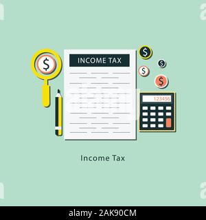 Concetto di pagamento fiscale. Analisi dei dati, documentazione, financial report di ricerca e calcolo dei redditi. Il pagamento del debito. stock illustrazione Foto Stock