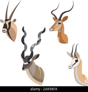 Antilope africana o gazzella ritratto realizzato in un unico semplice stile cartoon. Capi di gemsbok, maggiore kudu, impala e springbok. Artistico isolato Illustrazione Vettoriale