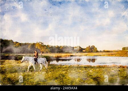 Acquerello immagine della persona in sella ad un cavallo bianco in una natura paesaggio di campagna da un tranquillo lago e un big blue sky con copia spazio. Foto Stock