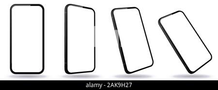 Black Mobile Phone Vector Mockup Con Viste Prospettiche. Schermate Dello Smartphone Isolate Su Sfondo Trasparente. Illustrazione Vettoriale