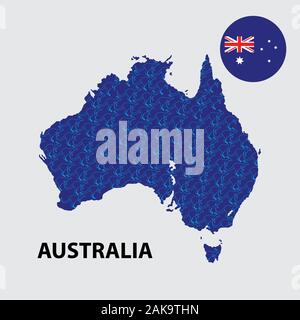 Illustrazione Vettoriale della mappa di Australia con la bandiera australiana e testo in inglese Illustrazione Vettoriale