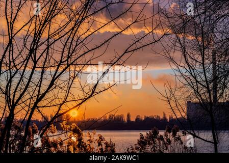 Smokestack di pianta di immondizia all'alba vicino al lago. Silhouette di canne e rami di alberi. Foto Stock