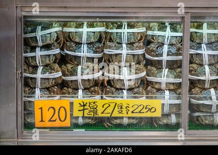 Hong Kong Cina - Novembre 2019: granchi pelosi per la vendita sul mercato di frutti di mare, Hongkong Foto Stock