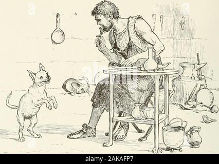 Alcuni di Esopo favole con istanze moderne shewn in disegni di Randolph Caldecott . Il ramaio e il suo cucciolo D. il ramaio e il suo cucciolo. Un certo ramaio aveva un cucciolo. Mentre il rame-Smith era al lavoro il cucciolo addormentato laici; ma quando il pasto - il tempo è venuto si è svegliato. Così il suo maestro gettando lui un osso, detto : è sonnolenta poco sciagurato di un cucciolo che cosa devo fare con te,si incallito pigro ? Quando sto colpi sul mio incudine youcan vai a dormire sul tappeto; ma quando vengo a lavoro mio teethimmediately sei sveglio e scodinzolante tua coda a me. Il ramaio e il suo cucciolo. 19 Foto Stock