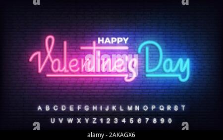 Felice il giorno di San Valentino neon. Il giorno di San Valentino la luce incandescente scritte segno Illustrazione Vettoriale