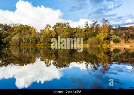 Fotografia di paesaggio di colore che guarda su ancora stagno con albero-linea in distanza riflessa in acqua, presa sulla riserva naturale di Alder Hills, Poole, Dorset Foto Stock