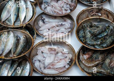 Scampi e calamari closeup sul mercato del pesce - Foto Stock