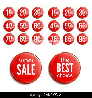 Percentuale di sconto i badge di vetro set. Promozioni di vendita collezione. Contrassegni di shopping Illustrazione Vettoriale
