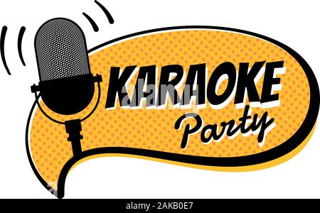 Karaoke party script notturno con mike sul fumetto giallo emblema bolla del discorso. Modello di simbolo di intrattenimento per l'illustrazione vettoriale del microfono retrò Illustrazione Vettoriale