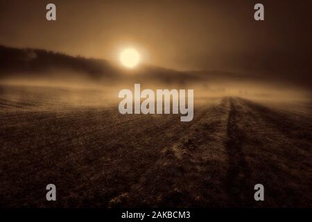 Paesaggio di nebbia, Oberweser, Wesertal, Weser Uplands, Weserbergland, Hesse, Germania Foto Stock