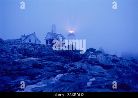 Pemaquid Point Lighthouse nella nebbia di sunrise, Bristol, Maine, Stati Uniti d'America Foto Stock