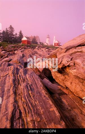 Pemaquid Point Lighthouse al tramonto, Bristol, Maine, Stati Uniti d'America Foto Stock