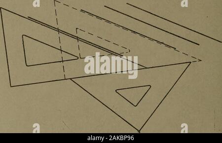 Disegno meccanico: scritte, materiali e metodi . gainst il bordo sinistro della scheda in modo che il bladeextends attraverso il bordo. Ammende orizzontale vengono disegnati, utilizzando i 16 di disegno meccanico del bordo superiore del T-quadrato come una guida. Fig. 3. Il bordo superioredell'T-square è anche utilizzato per collocare i triangoli contro todraw linee verticali e le linee in corrispondenza di un angolo. Triangoli:-maiale. 1. Due triangoli sono ordinariamente utilizzato. Onehas un angolo retto, o angolo di 90 gradi, e due 45 gli angoli in gradi.due dei suoi lati sono uguali. L'altro triangolo ha un grado 90, a30 grado e un angolazione di 60 gradi. Nessuno dei suoi si Foto Stock