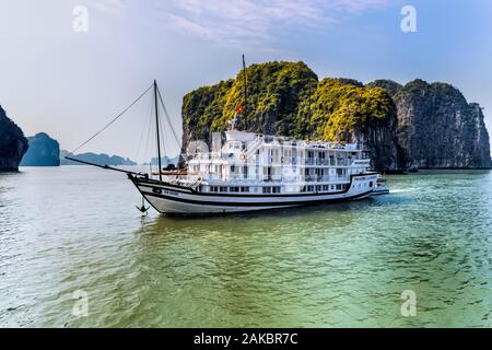 Immondizia barca Halong Bay Vietnam Foto Stock