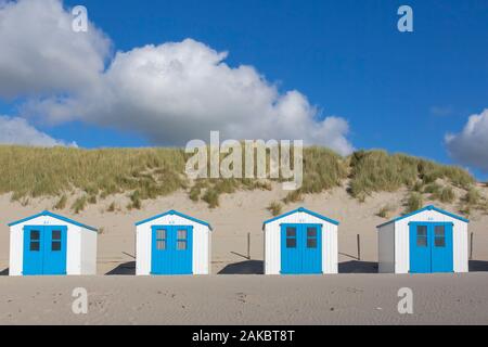 Riga del bianco e del blu cabine da spiaggia su Texel, West Frisone isola nel mare di Wadden, Noord-Holland, Paesi Bassi Foto Stock