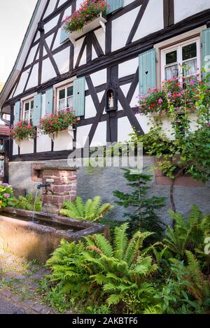 Casa classica in stile tedesco con antiche finestre in legno e persiane o persiane. Il testo tedesco vicino al rubinetto dell'acqua significa "niente acqua potabile". Foto Stock