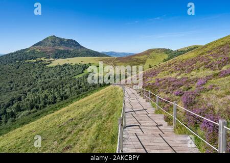 Francia Auvergne Puy de Dome, parco naturale regionale dei vulcani di Auvergne, Chaine des Puys, Orcines, gradini in legno per accedere alla parte superiore del cono vulcanico del Puy Pariou, Puy de Dome in background Foto Stock