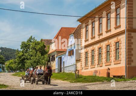 La Romania, Contea di Timis, Sânnicolau Mare, una famiglia, attraversa il villaggio in un carrello Foto Stock