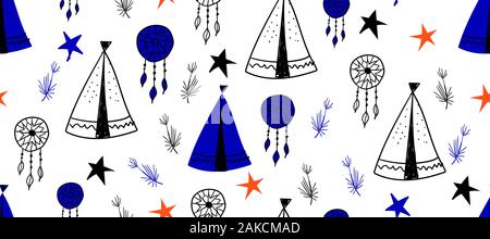 Seamless pattern in stile scandinavo per i bambini .. Cartoon carino alberi e tende su uno sfondo blu. Wigwam per gli indiani. Disegni per ragazzi. Illustrazione Vettoriale
