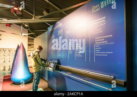 Dresda: Energie Museum KraftWerk, mostra sull'acqua, i visitatori in , Sachsen, Sassonia, Germania Foto Stock