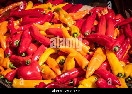 Grande pila di fresco rosso, arancione, giallo paprikas, peperoni su un mercato della frutta in stallo a Zagabria, Slovenia Foto Stock