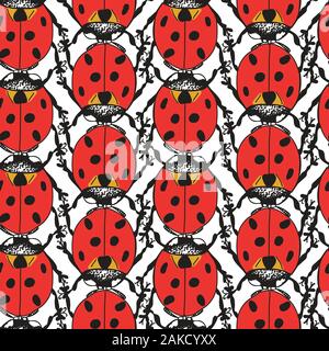 Luminose Red Ladybug Beetle Coccinellidae Design Pattern senza soluzione di continuità su sfondo bianco Illustrazione Vettoriale