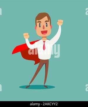 Giovane uomo in un business suit e red cape supereroe in piedi in un fiducioso posano con le braccia incrociate. Il concetto di business di leadership e di successo. Illustrazione Vettoriale