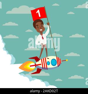 Happy businessman numero dell'azienda una bandiera in piedi sul razzo volando attraverso il cielo. Illustrazione Vettoriale