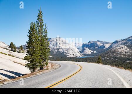 Vuoto in esecuzione su strada attraverso la Sierra Nevada paesaggio di montagna con il giorno di sole in estate, il Parco Nazionale Yosemite in California, Stati Uniti d'America Foto Stock