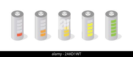 La carica della batteria stadi illustrazioni isometriche set. Ricarica accumulatore passi di processo 3D i simboli vettoriali isolati su sfondo bianco. Diversi livelli di carica della batteria con indicatori colorati Illustrazione Vettoriale